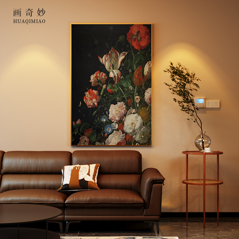 网红现代奢美式古轻植物墙花朵酒店背客厅玄关装饰画景壁画竖复版图片