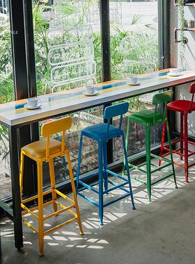 简约彩色金属靠墙吧台桌家用高脚酒吧长条桌咖啡厅奶茶店桌椅组合