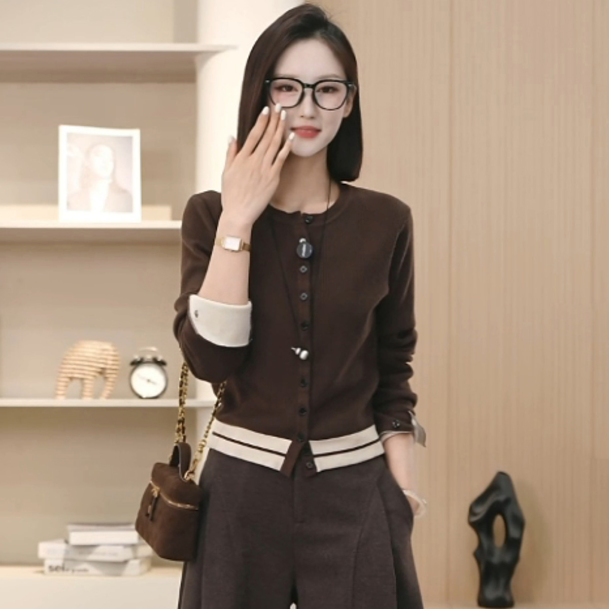 修身时尚轻奢针织衫撞色休闲开衫