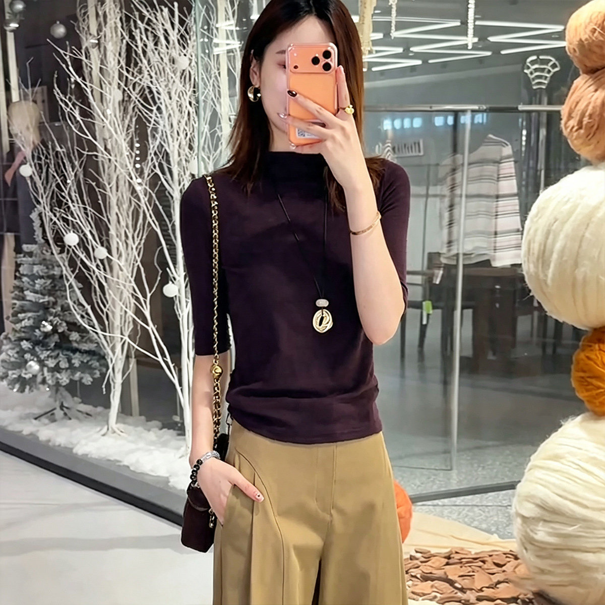慕斯竹节纹中袖打底衫