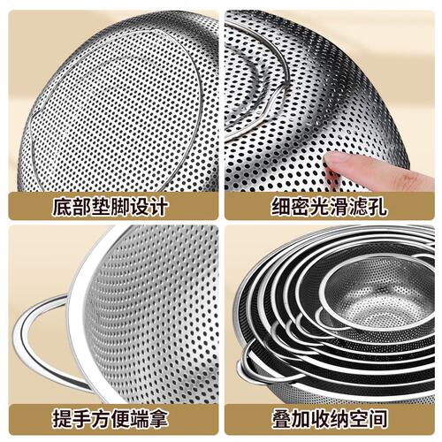 跨境加厚无磁不锈钢沥水篮家庭洗菜漏盆密孔淘米网筛多功能水果篮