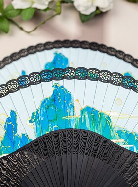 高档山水扇子国风全竹扇易携带折扇跳舞专用送女礼物时尚拍照道具