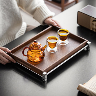 胡桃木茶盘家用托盘实木家用长方形茶具收纳盘铝质底座架子放置盘