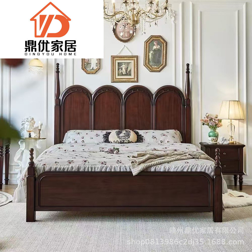 美式复古双人实木床做旧法式卧室婚床现代简约1米8主卧中古风