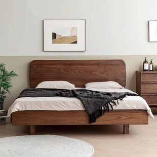 北欧日式樱桃木黑胡桃木实木悬浮床简约曲面造型扎实无异响双人床