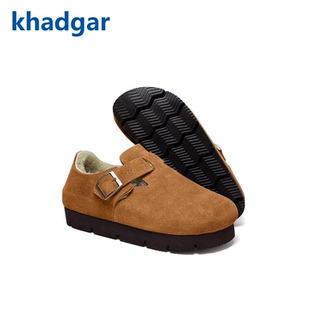 Khadgar/卡德加冬季加绒厚底毛毛鞋牛皮全包羊毛保暖勃肯鞋女棉鞋