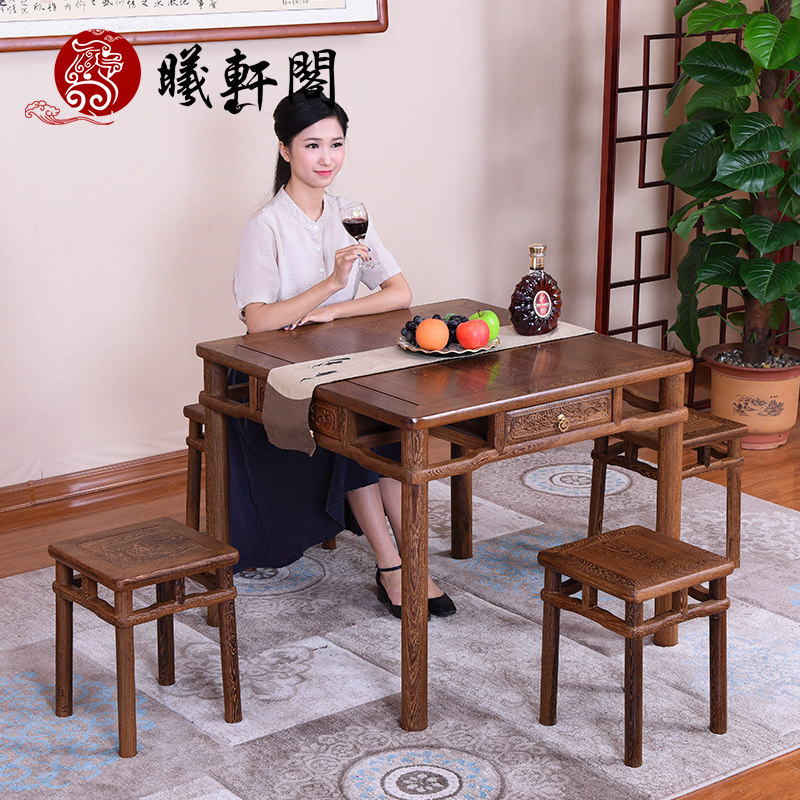 红木古典家具鸡翅木休闲桌 实木方餐桌 中式仿古茶桌小方桌五件套