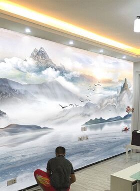 新中式水墨山水电视背景墙壁纸客厅沙发装饰墙纸大气仿大理石墙布