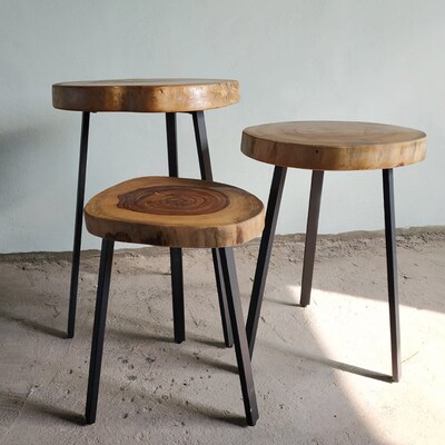 原木铁艺家具 小圆茶几 艺术阳台花几 原生态家居 实木置物边几