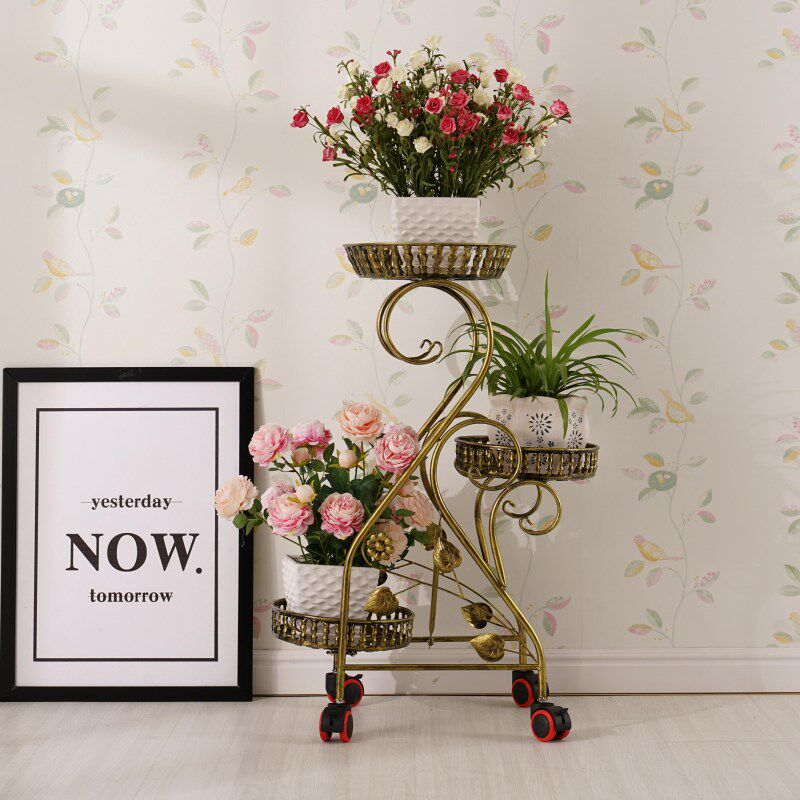 多层带轮铁艺移动花架欧式组装阳台简约转角客厅置物架田园盆景架