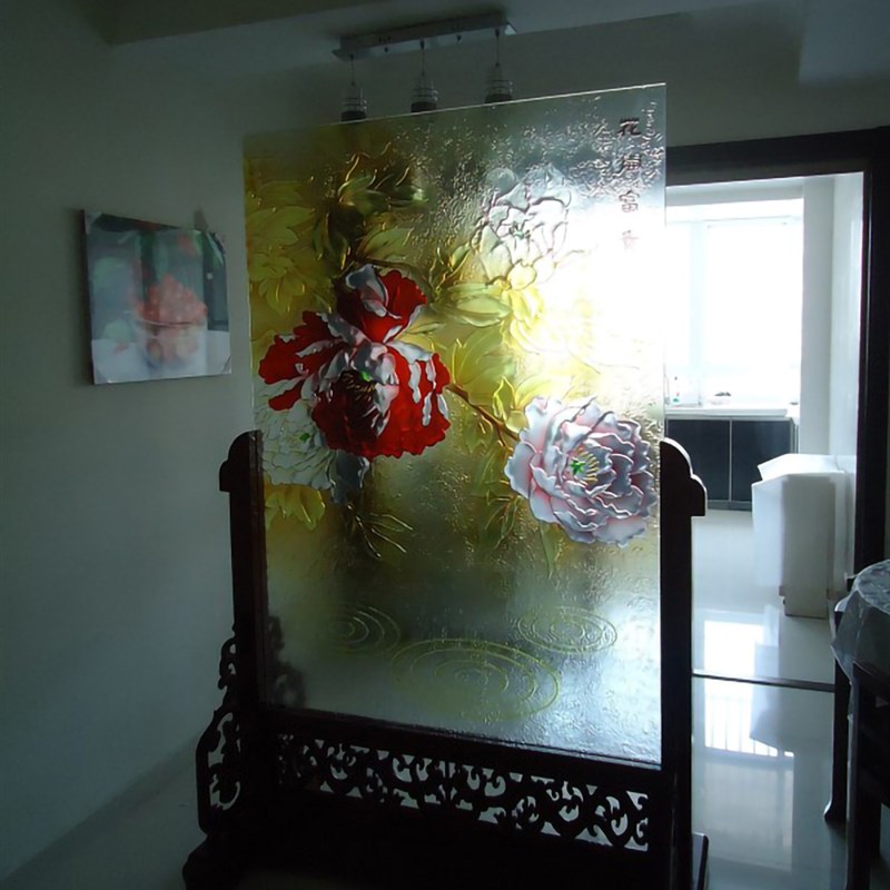 雕刻钢化艺术玻璃隔断玄关屏风电视背景墙彩雕花开富贵牡丹双面看