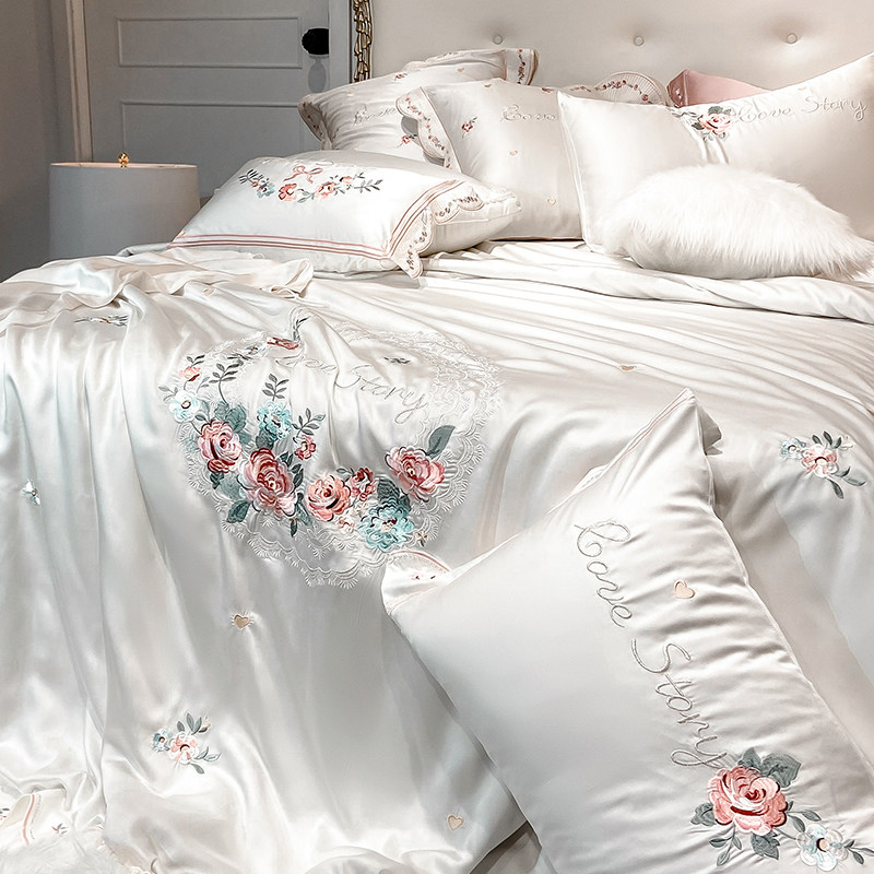 80支兰精天丝四件套夏季裸睡冰丝双面丝滑床单被套刺绣床上用品