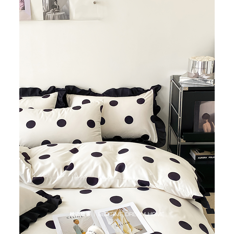 韩式新款黑白色系波点花边床上四件套公主风被套床笠床单人三件套