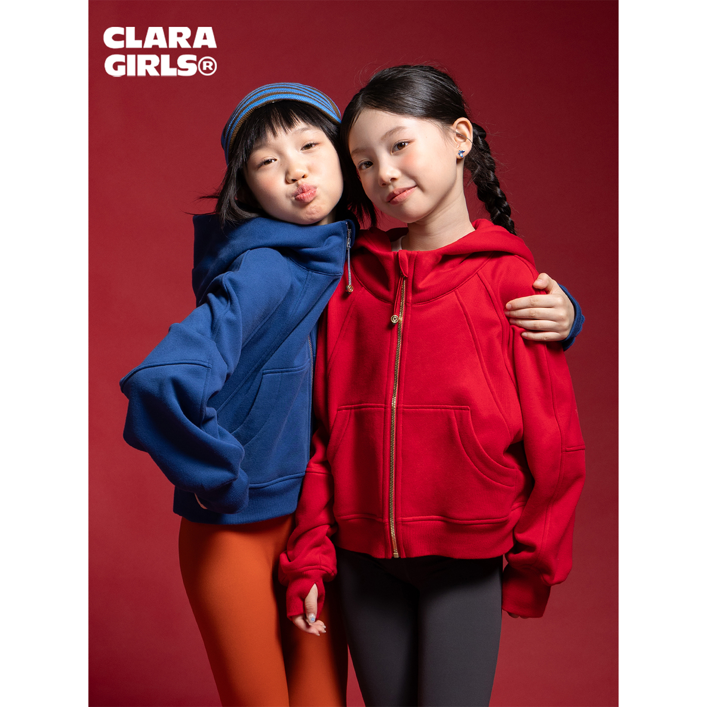 claragirls儿童卫衣外套薄绒保暖2025秋冬宽松拉链连帽运动上衣