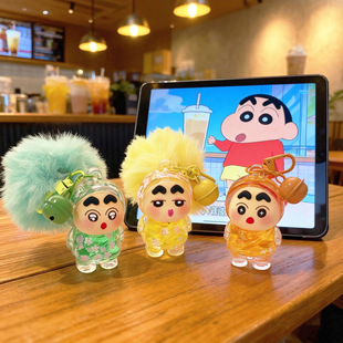 手机链挂饰亚克力迷你小新公仔毛球流沙钥匙扣爆闪可爱卡通包挂件