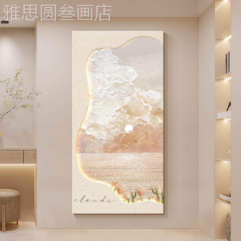 奶原木风玄关装饰画肌理油走廊道尽头挂画过竖感版入户正对门壁画