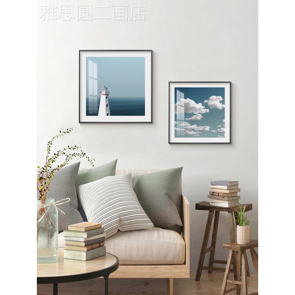 网红现简约蓝色天空大海装饰画轻奢餐厅客景墙帆背船摄代影正方挂