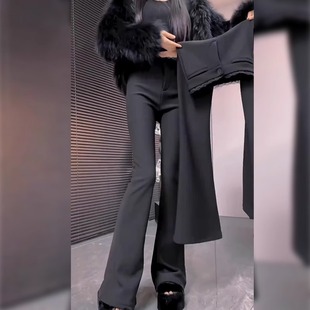 加绒加厚微喇西装裤女秋冬新款大码胖mm设计感高腰显瘦黑色喇叭裤