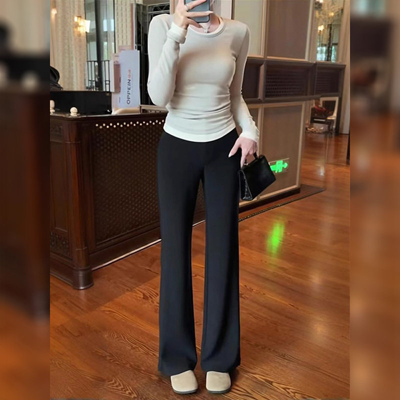 黑色西装微喇裤女春季新款小个子高腰显瘦弹力窄版直筒垂感休闲裤