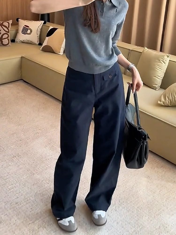 藏青色阔腿工装裤女款夏季运动裤直筒大码高腰宽松显瘦拖地休闲裤