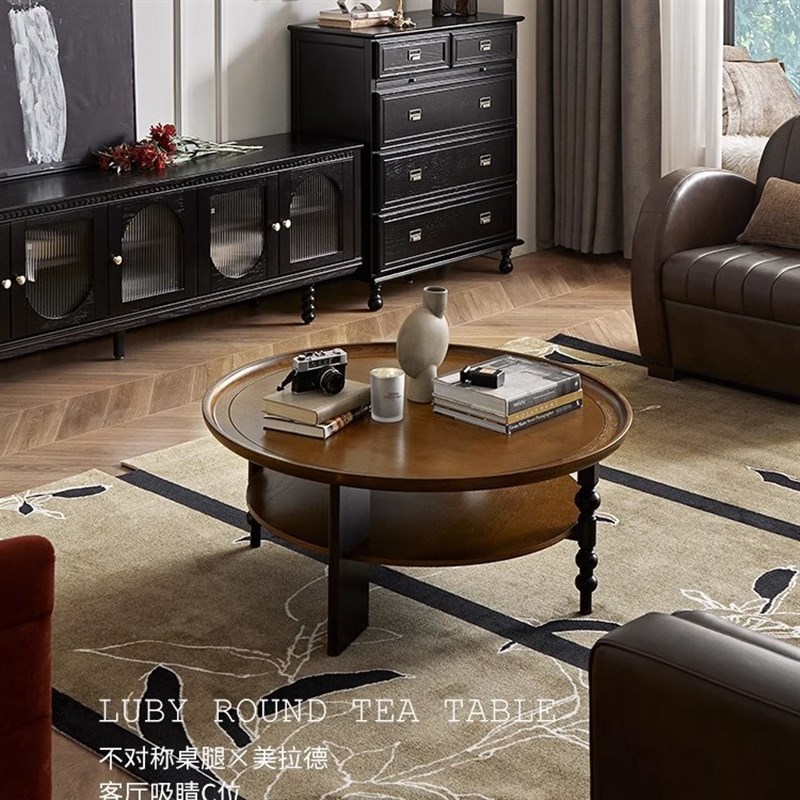 美式实木茶几复古做旧圆形茶几简约欧式小户型家用客厅储物茶桌