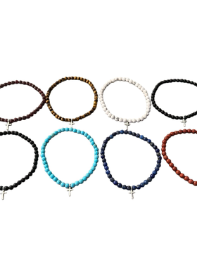 WANGWANG单银饰十字花十字架4MM黑玛瑙绿松石925纯银串珠情侣手链