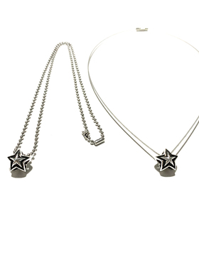 WANGWANG 925银CS纹路镂空五角星2MM迷你号情侣银饰复古吊坠项链