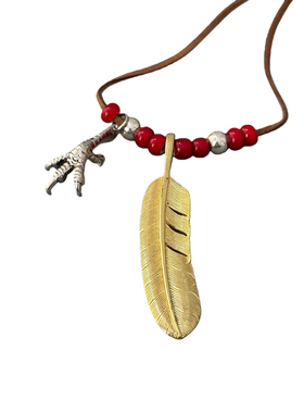 WANGWAN高桥羽毛风格925纯银镀金羽毛绿松石吊坠潮流情侣街头项链