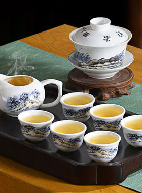 高端功夫茶具套装新款轻奢高档盖碗茶唐山红玫瑰骨质瓷鱼乐图