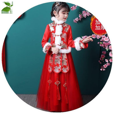 汉服女童秋冬装加厚套装中国风古装儿童唐装女新年衣服红色拜年