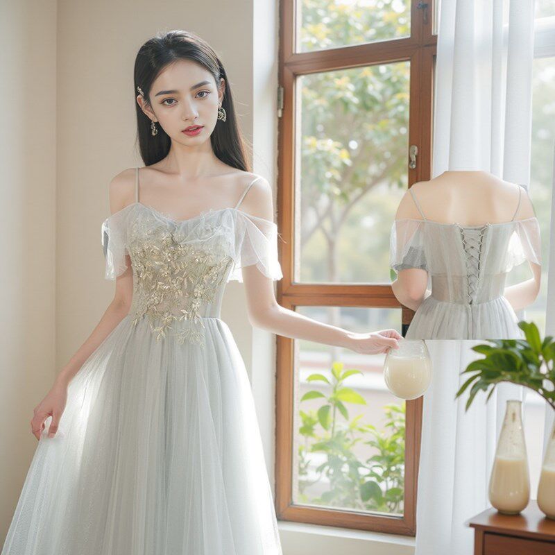 现货速发森系伴娘服2025新款秋冬小众高级感成人礼姐妹团灰色气质