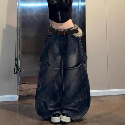 美式大码复古做旧设计感大口袋牛仔裤子女辣妹宽松bf慵懒风弯刀裤