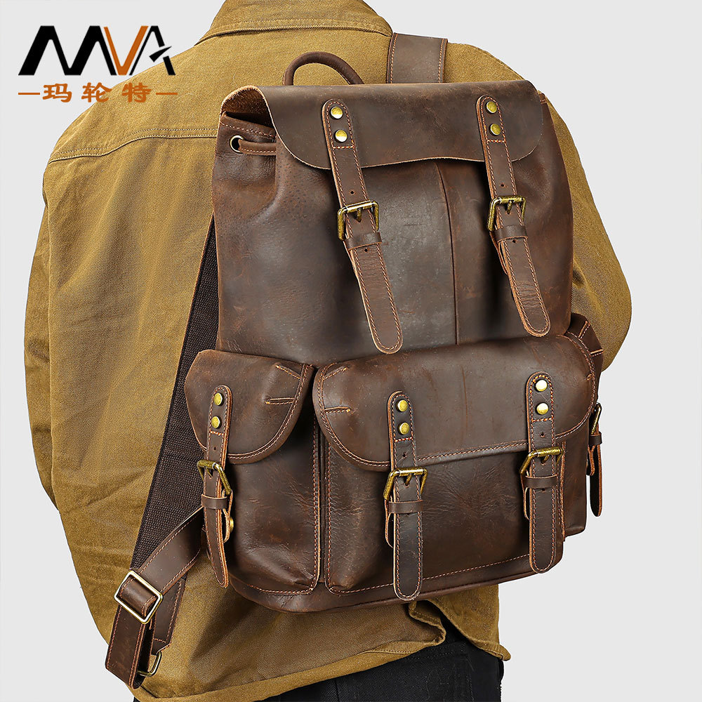 MVA男士疯马皮双肩背包高级感复古真皮多功能户外男式旅行背包潮
