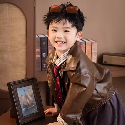 男女童外套摄影服装春秋男童纯色皮衣写真韩版短款夹克潮童装衬衫