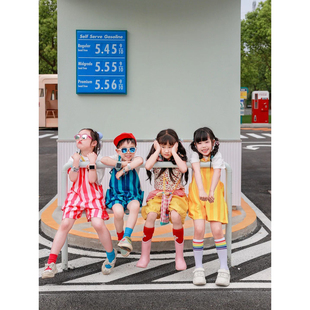 夏男女童红黄蓝条纹背带短裤摄影演出服洋气幼儿园休闲透气毕业照