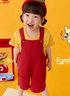 牛仔背带短裤裤夏薄款男女儿童红色摄影服装艺术文艺幼儿弹力可爱