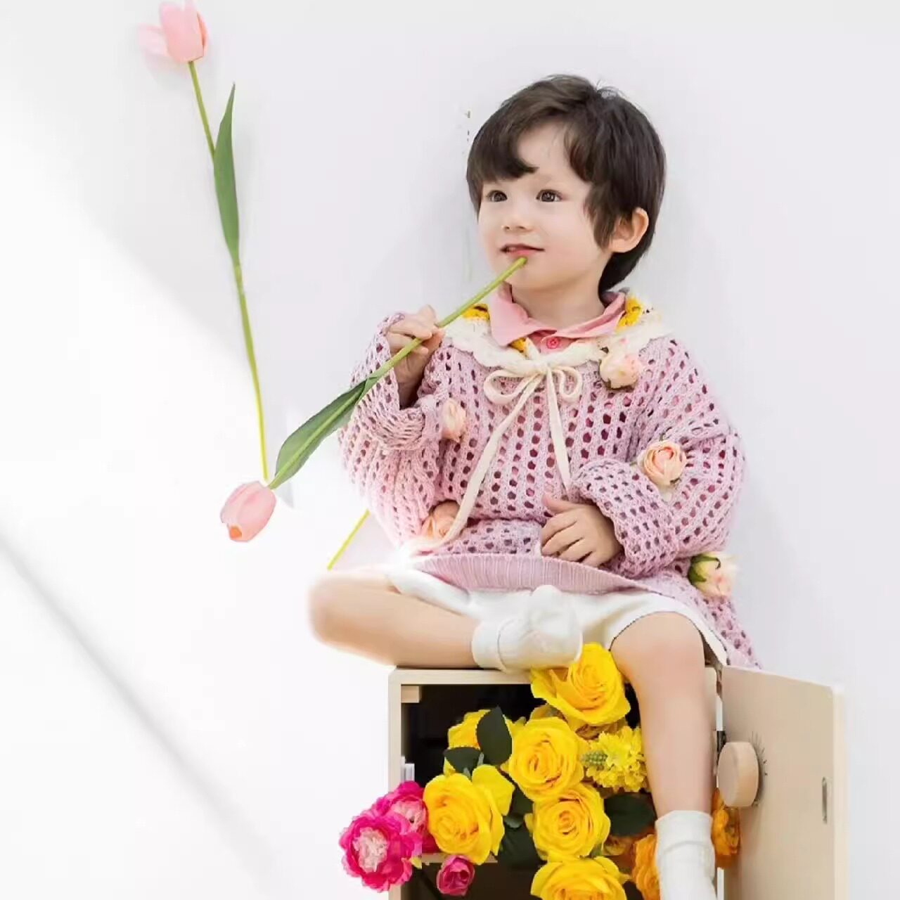 亲肤儿童毛衣女宝宝粉色摄影服装拍照针织衫镂空套头洞洞衫小清新