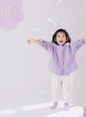 紫色儿童男女童设计宽松摄影服装衬衫休闲长裤套装亲肤长袖衣服潮