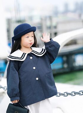 男女童儿童摄影服装蓝色小众宝宝拍照海军风开衫外套设计感上衣潮