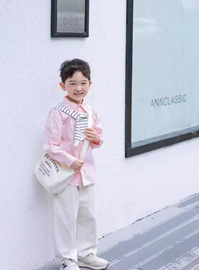 粉色儿童男女童设计宽松摄影服装衬衫休闲长裤套装亲肤长袖衣服潮