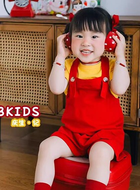 牛仔背带短裤裤夏薄款男女儿童红色摄影服装春夏韩系弹力可爱潮