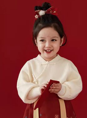 女童唐装针织衫秋冬2026儿童中国风盘扣毛衣女孩拜年服红色上衣