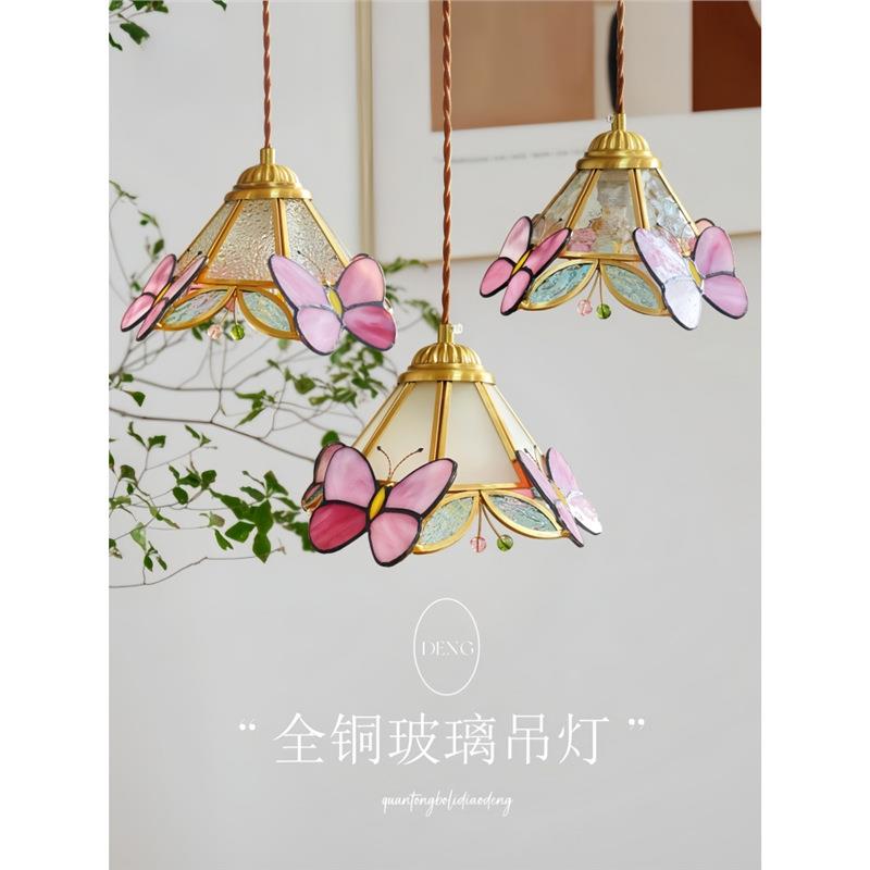 复古黄铜餐厅玻璃小吊灯手工焊锡彩色蝴蝶卧室床头吊灯怀旧书房灯
