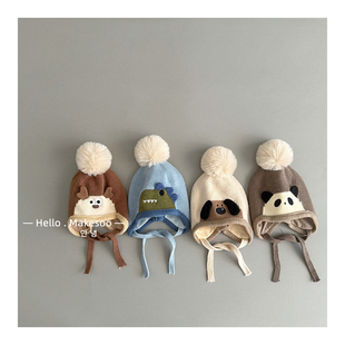 儿童帽子秋冬防风加厚保暖婴儿针织帽可爱卡通超萌系绳护耳套头帽