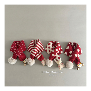 儿童针织围巾秋冬季新年红色系毛球卡通交叉围脖宝宝保暖防风围脖