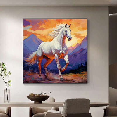 轻奢高级感白色骏马客厅装饰画玄关走廊办公室挂画餐厅卧室油画风