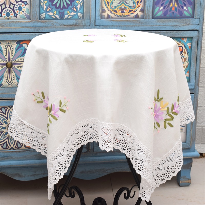 包邮外贸棉麻绣花镂空圆桌方桌 桌布 复古田园钩花装饰盖巾
