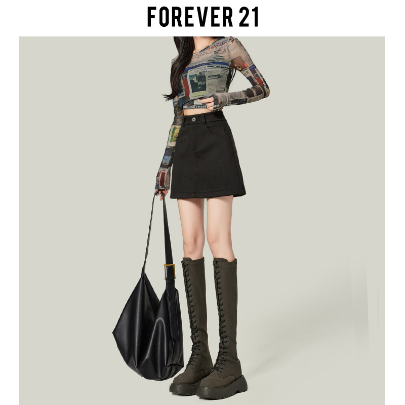 Forever21赫本风黑色高腰毛呢半身裙2023新款秋冬季A字包臀短裙子