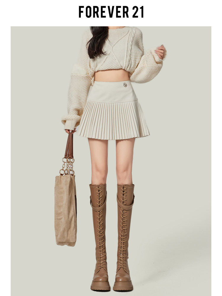 Forever21白色伯克利半身裙女2023秋冬款高腰毛呢A字短裙jk百褶裙