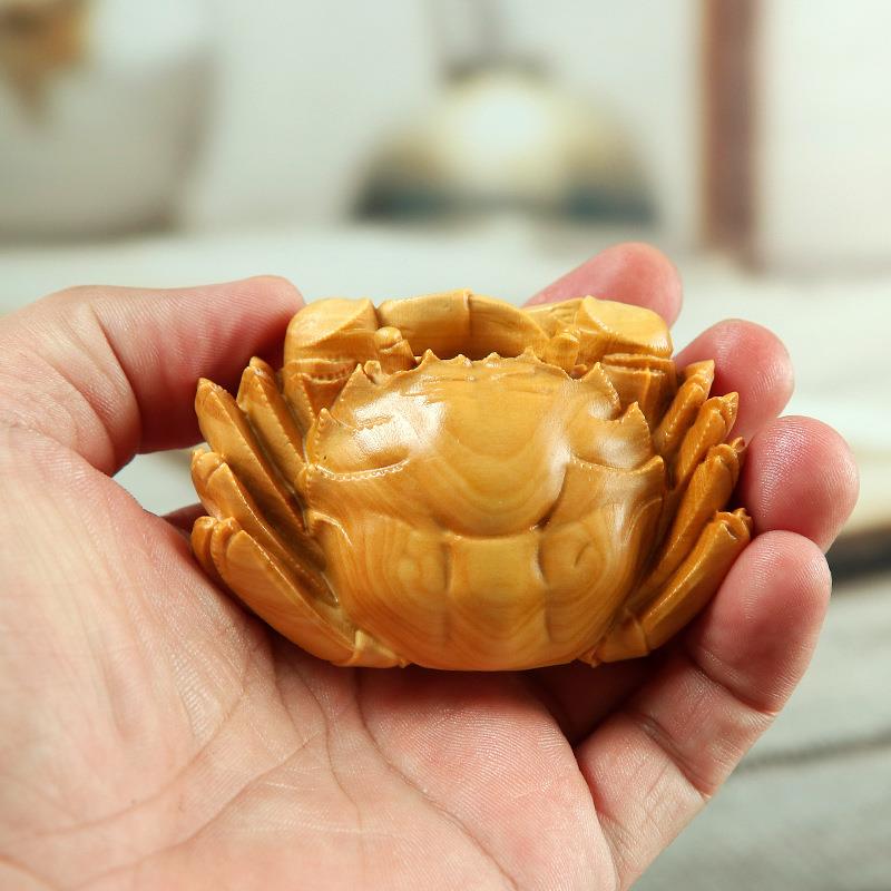 黄杨木雕刻螃蟹手把玩件富甲天下茶宠工艺品